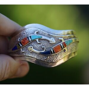 Jimmy Secatero‎ - Navajo Sterling Silver Multi Stone Inlay Cuff Bracelet - 74g